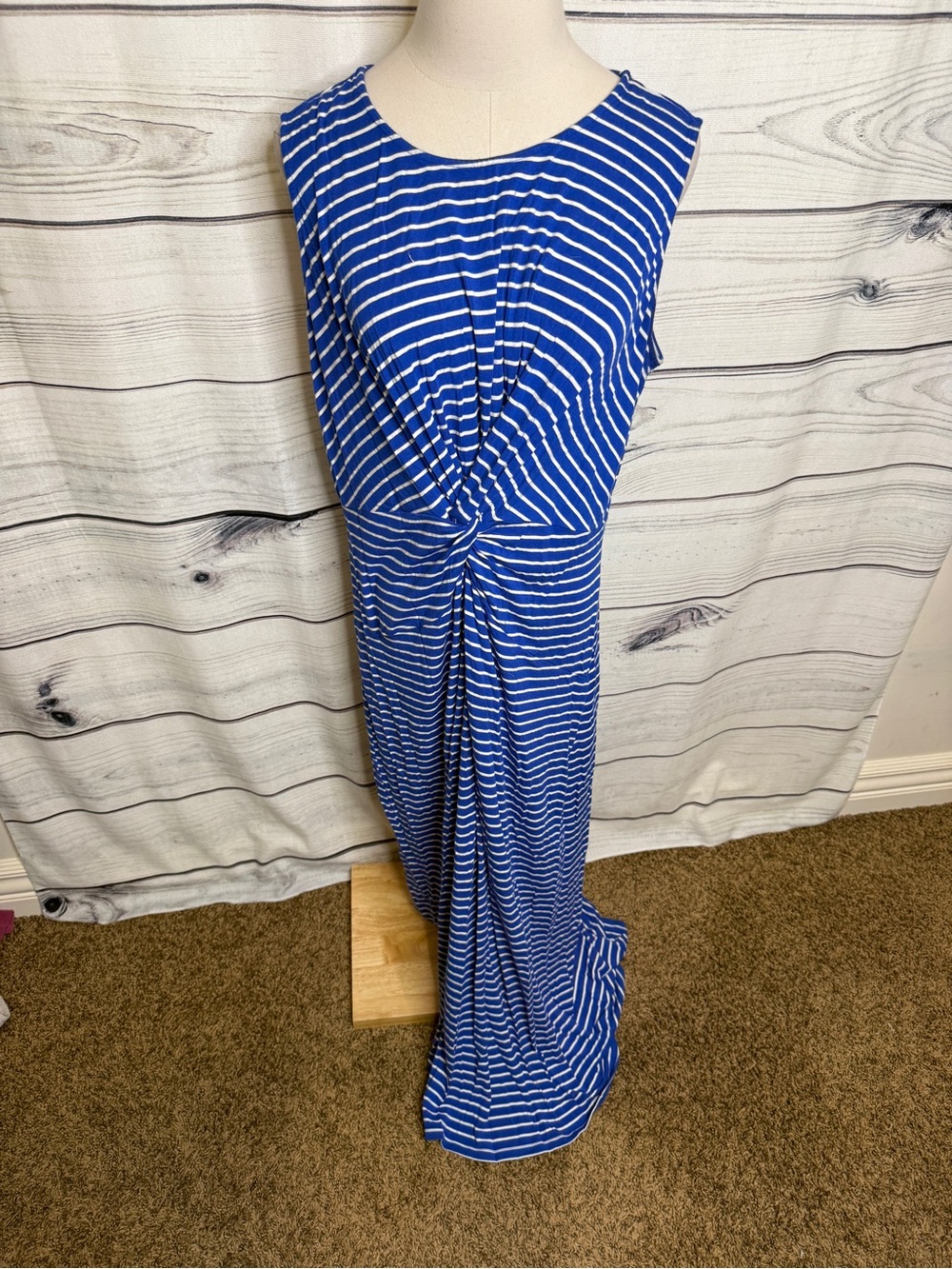 Tahari Royal Blue and White Striped Twist-Front Maxi Dress